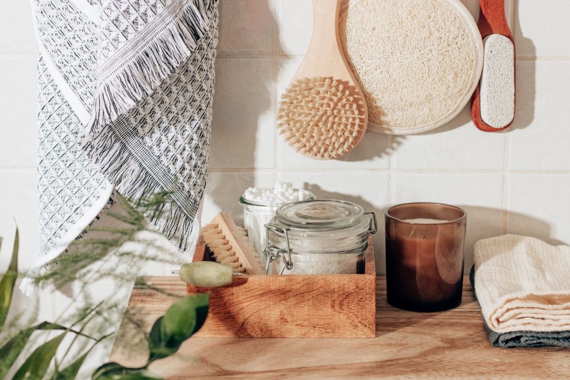 Sustainable products on a bathroom counter